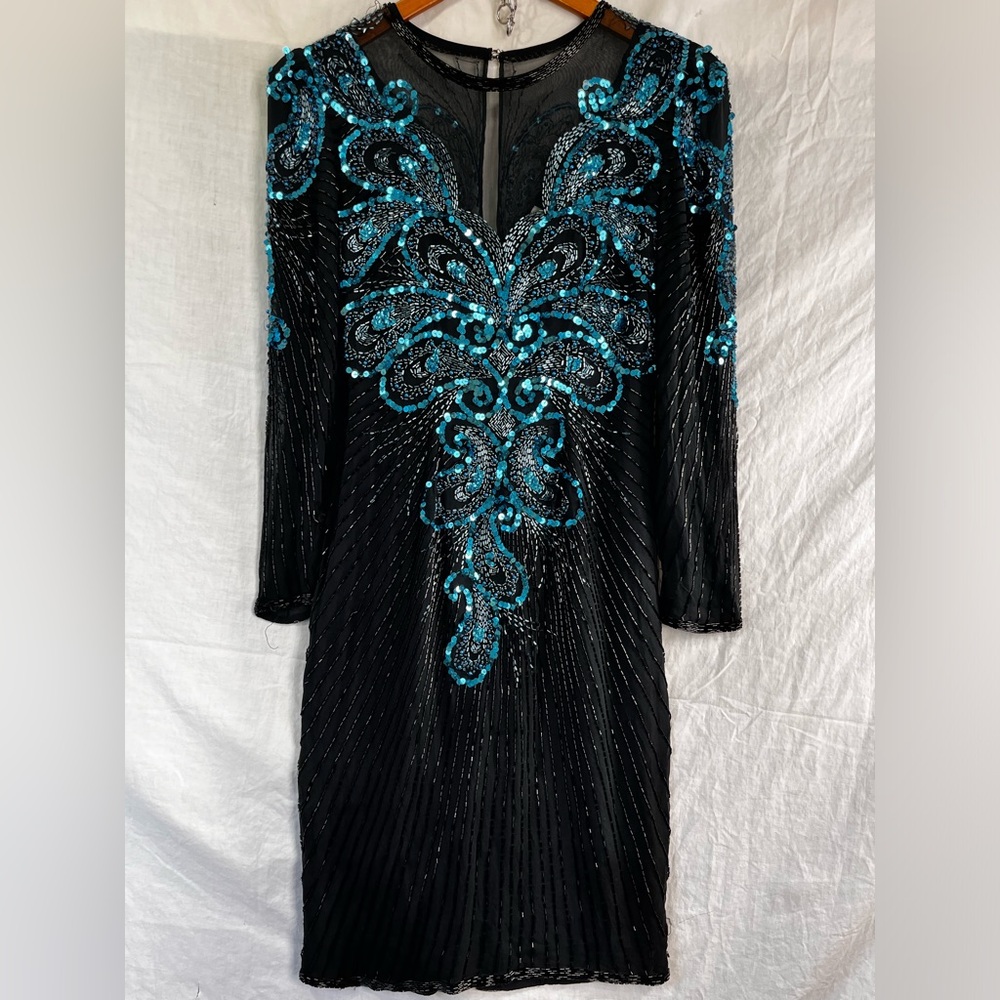 AJ Bari Vintage Beaded Sequined Evening Dress Size 6 Silk Blue Black DAMAGED